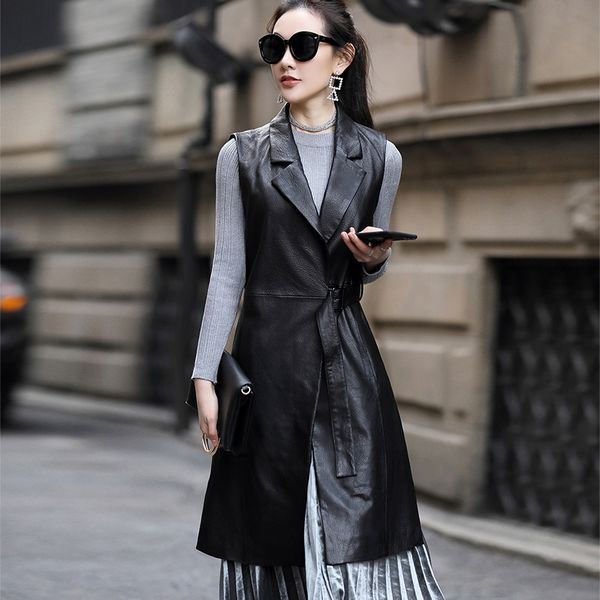 

весна осень женская натуральная овечья кожа жилет с поясом длинное кожаное пальто без рукавов gl0134, Black