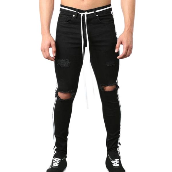 

men's fashion denim cotton straight hole trouser distressed jeans long ripped jeans for men stretch mens big sizes, Blue
