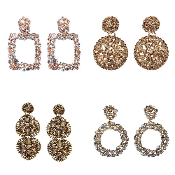 

wholesale- designer exaggerated vintage geometry box circular diamond colorful rhinestone crystal pendant stud earrings for women girls, Golden;silver