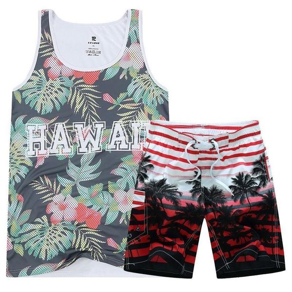 

leqemao vest+shorts casual summer 3d print men elastic waist beach shorts sleeveless vest men's clothing 2pcs men sets, Gray