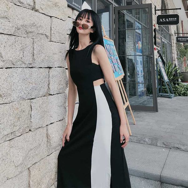 

korea 2020 round neck sleeveless contrast colors pullover bandage floor length vacation dress female vestido y088, Black;gray