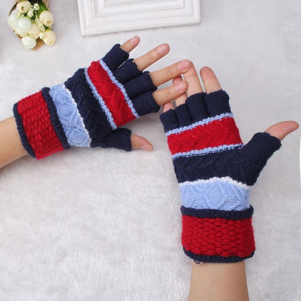 

m mism fashion striped patchwork women' fingerless gloves thick warm knitted pull femme hiver gloves guantes mujer rekawiczki, Blue;gray