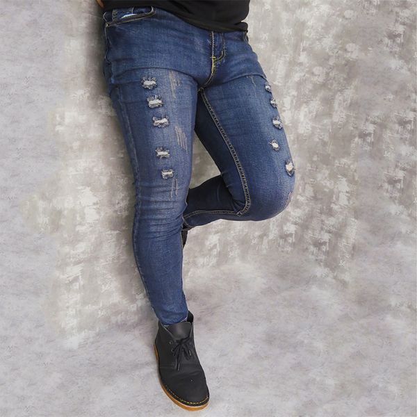 

cotton denim men's trousers retro hole cool trousers suitable for men spring summer european american style hole jeans men, Blue