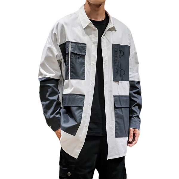 

2019 new autumn japanese function long-sleeved shirt men's tide brand loose handsome coat fat big size hip-hop tooling shirt50cs, White;black
