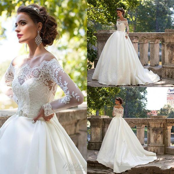 

vintage milla nova wedding dresses off shoulder long sleeves appliques bridal gowns floor length 2020 elegant wedding dresses, White