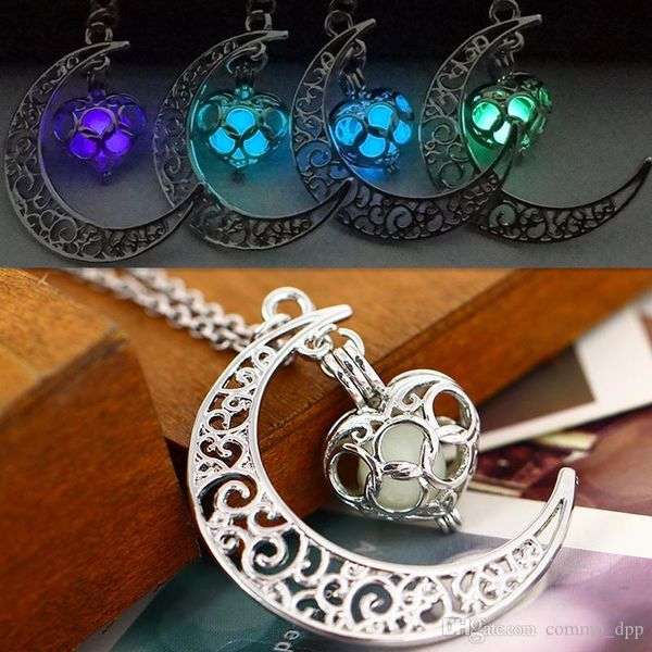 

glow in the dark necklaces hollow heart crescent moon luminous pendant chains for women fashion jewelry accessories gift, Silver