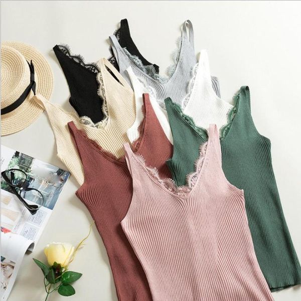 

summer knitting camisoles tank women plain lace splicing deep v-neck slim sling solid patchwork soft vest camis, Black;white