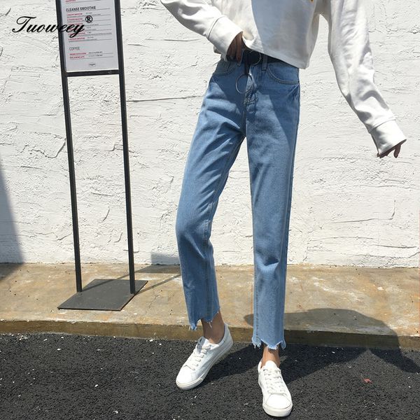 

summer autumn fashion wild casual high waist female burrs edge jeans pants women jeans pant demin straight pants trousers, Blue