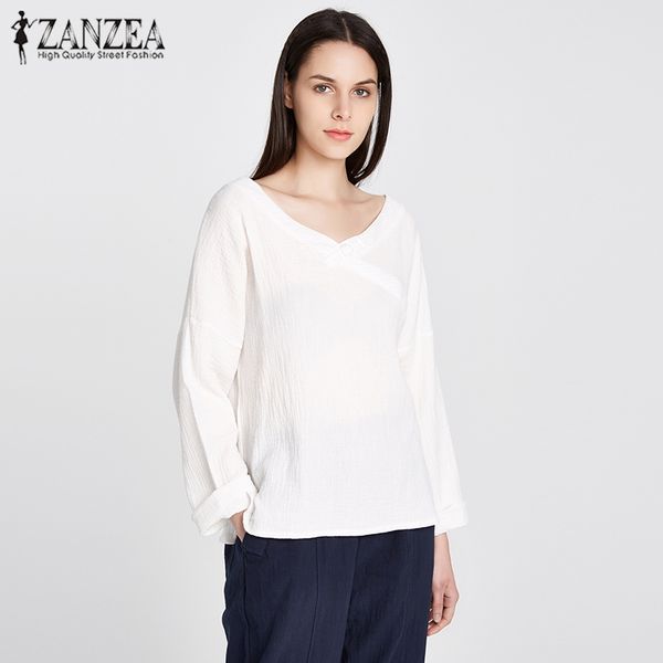

pullover blouses shirts women 2019 zanzea spring autumn casual cotton linen long sleeve v neck solid button blusas feminina, White