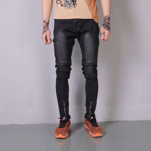 

mens designer skinny fit knee wrinkle elastic slim motorcycle small leg biker jeans, Blue
