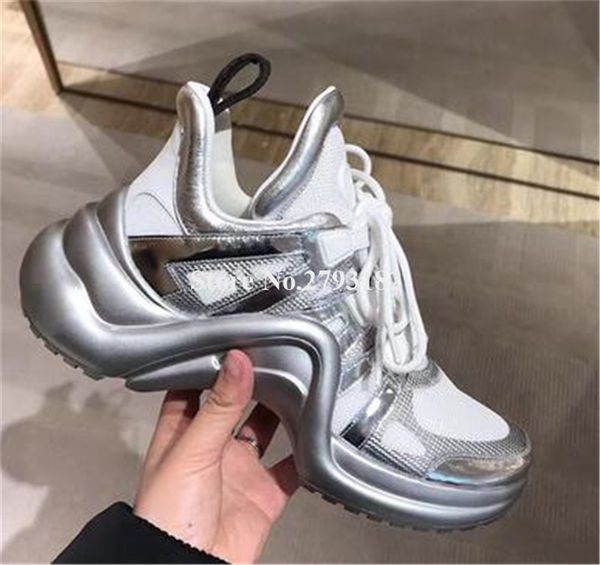 

new arrival women high platform lace-up patchwork silver sneakers lace-up high-breathable casual shoes sport running shoes, Black