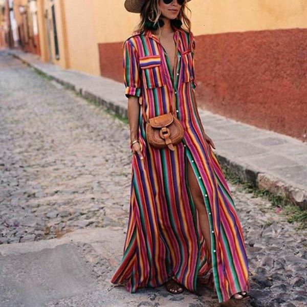

women's boho beach summer holiday maxi dress elegant ladies holiday party colours rainbow striped sundress streetwear plus size, Black;red