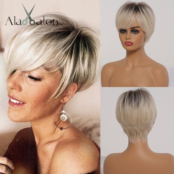 Alan Eaton Wig's Wig Ombre Black Castanho Luz Loira Branco Curto Curto Layered Hair Perucas Sintéticas Com Lado Bangs Pixie Cut