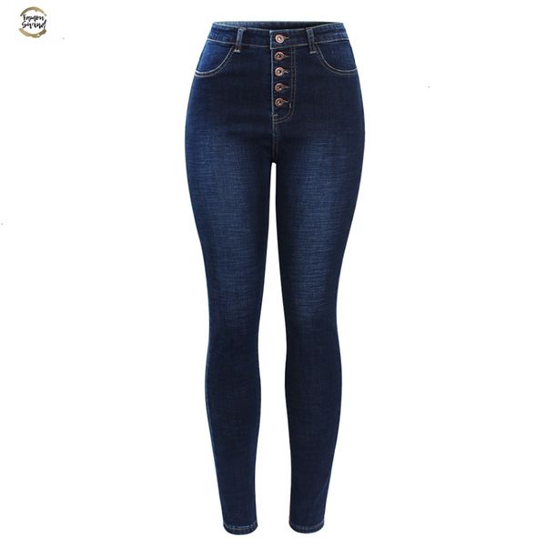 

new arrived high waist jeans for women stretchy dark blue button fly denim skinny pants trousers