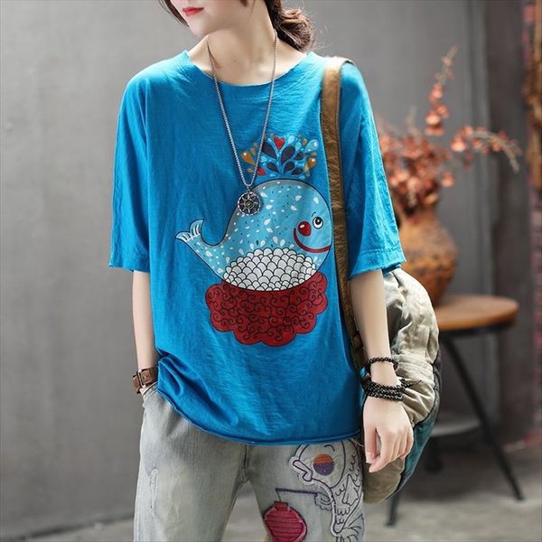 

95 хлопка печатного свободный художественные большие модули размера с коротким рукавом женщин топ 95 хлопка печатных художественной lar своб, White