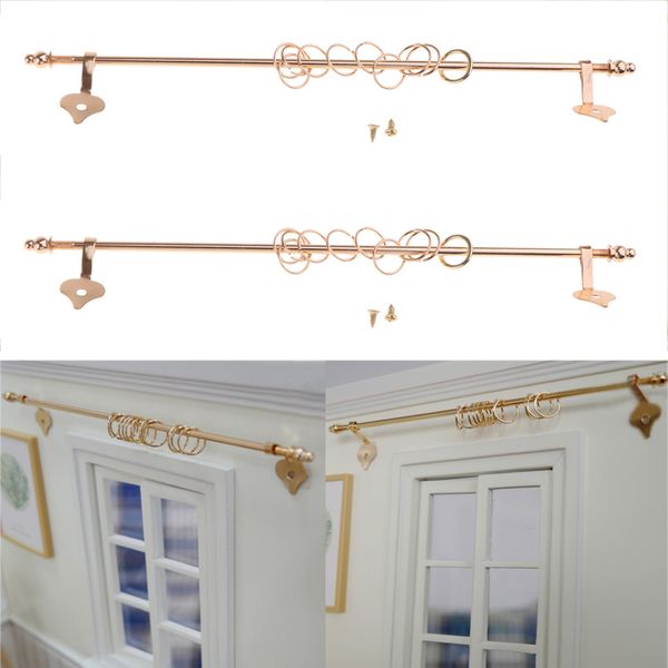 

2pcs 1/12 dollhouse miniature accessory metal curtain rod pole window accessory -golden