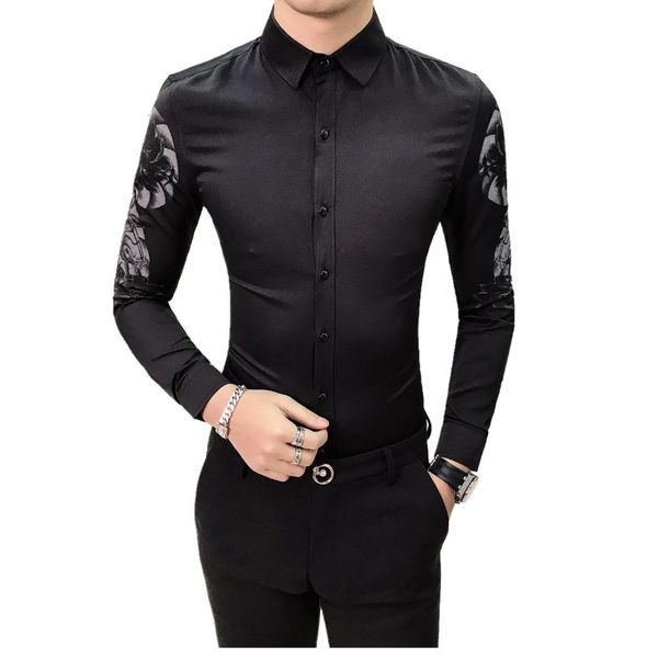 

ale camisa masculina brand new men clothes 2019 print long sleeve men shirt slim fit casual streetwear all match prom tuxedo, White;black