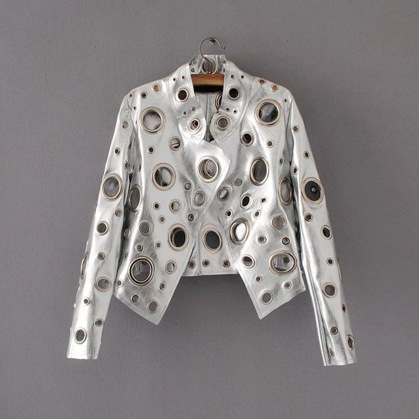 

jacket leather women european american fashion personality hollow hole rivet motorcycle jacket short leather female, Black
