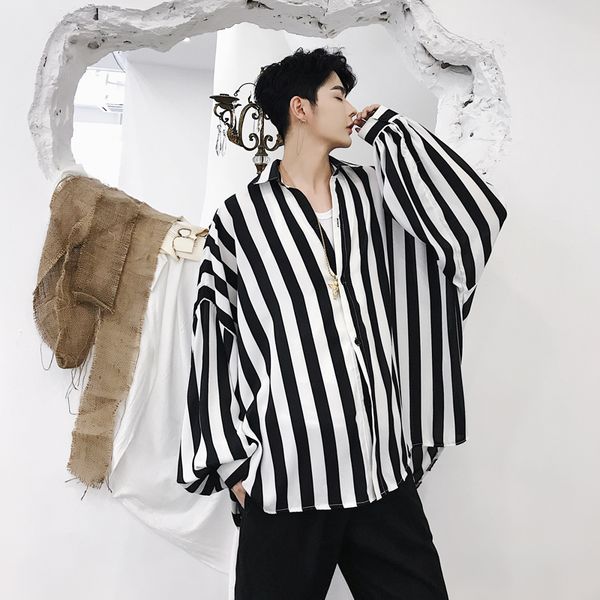 

vintage fashion stripe shirts men women couple streetwear hip hop loose casual long sleeve shirts male harajuku dress, White;black