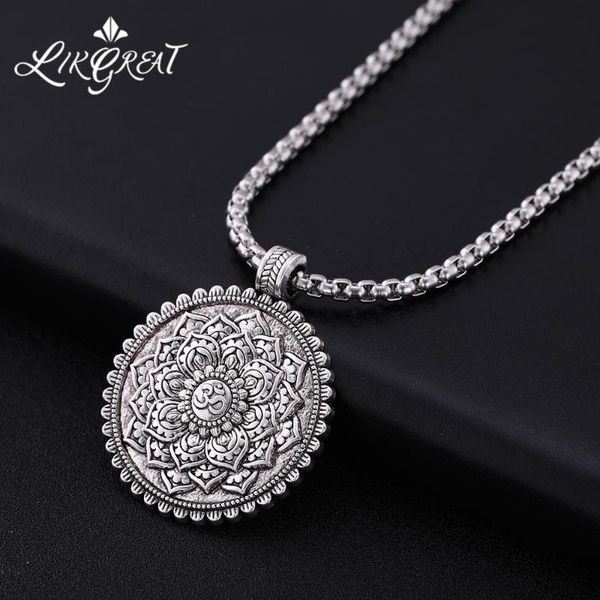 

likgreat om yoga amulet men's necklace lotus round pendant religious talisman amulet jewelry stainless steel chain, Silver