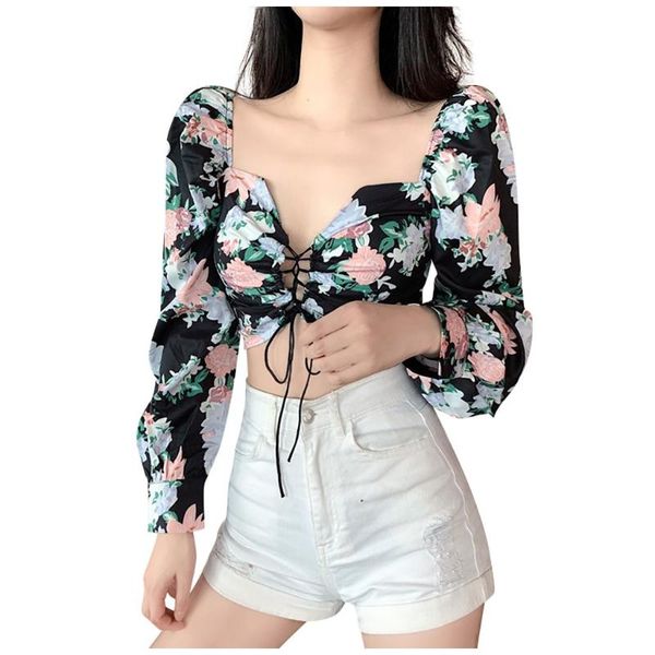

ostrich crop women floral print bandage blouses long sleeve female casual french vest blouse streetwear, White