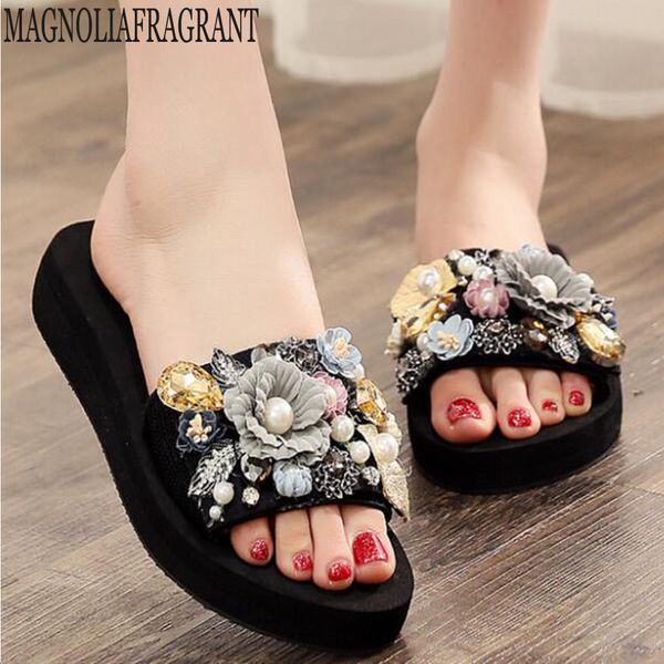 

new beach shoes women summer high platform sandals wedge flip flops handmade slippers female crystal flower shoes zapat hy98, Black