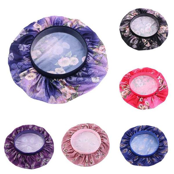 

wide-brimmed print women round cap elastic sleeping hat hair care bonnet night sleep cap ladies nightcap head cover wrap hat, Blue;gray
