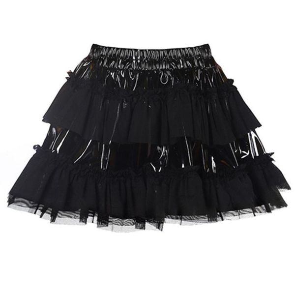 

punk gothic women ruffle skirts black pvc faux leather mesh patchwork skirt pole dance skirt tutu pettiskirt