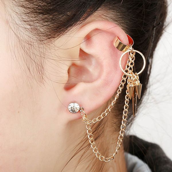 

punk style jewelry crystal ear cuff inlaid multilayer link chain fringe alloy spike earcuffs women gif rivet clip earring, Silver