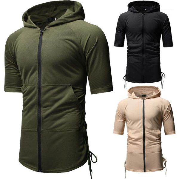 

hooded tshirt zipper drawstring short sleeve mens designer teenager fashion tees mens solid color, White;black