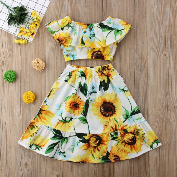 

2pcs kids girl clothing set cute sunflowers toddler kids baby girl off shoulder crop skirt outfits clothes, White