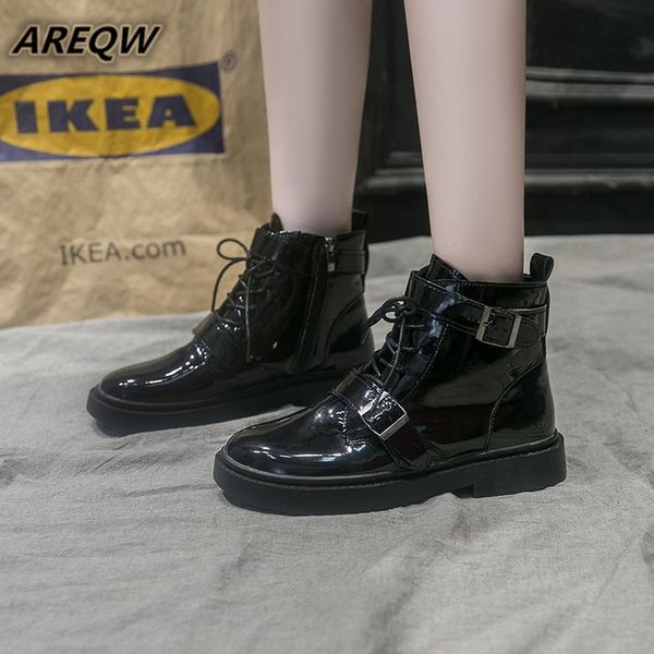 

2019 chunky motorcycle boots for women autumn fashion round toe lace-up combat boots ladies shoes, Black
