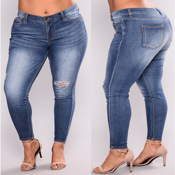 

plus size jeans women high waist skinny pencil blue denim pants women ripped hole washed jeans 4xl 5xl 6xl 7xl big hip