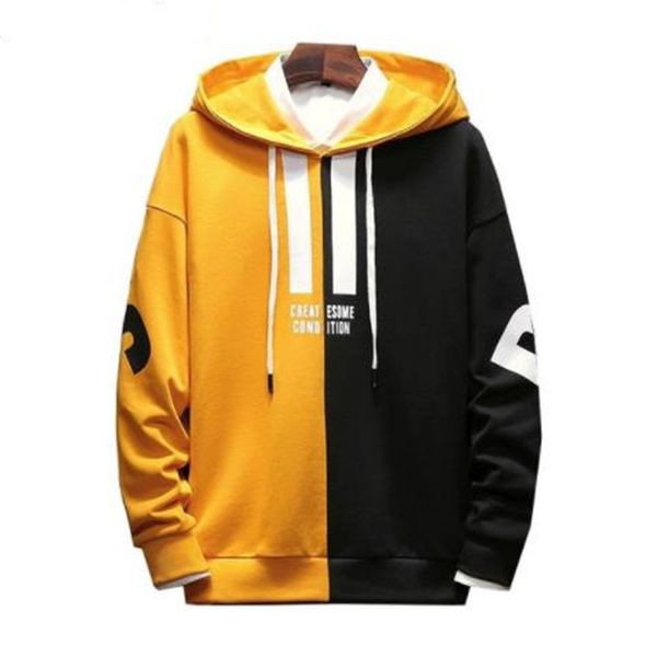 

men's hooded casual letter print fleece sweatshirt men's patchwork korean fashion hip hop popular casual hoodie, Black