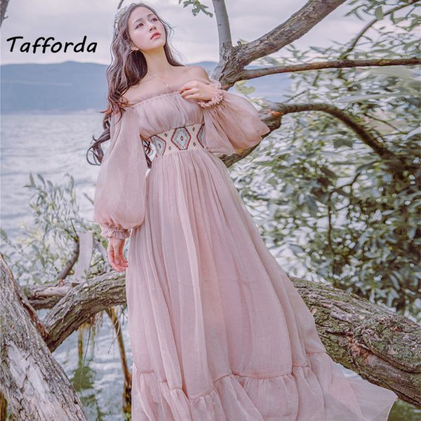 

tafforda 2017 осень новый литературный урожай slash воротник с длинными рукавами без бретелек женское платье большие качели отдых фея платье, White;black