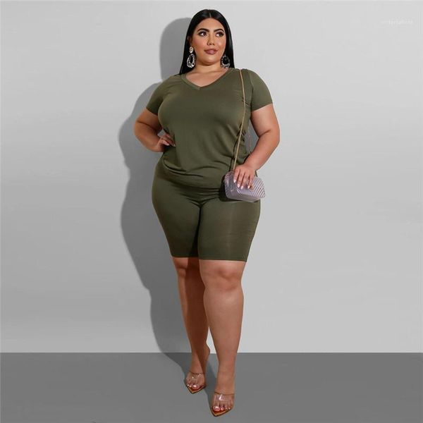 

womens casual solid color v-neck t-shirt suit designe fashion summer short sleeved 2pcs set plus size, Gray