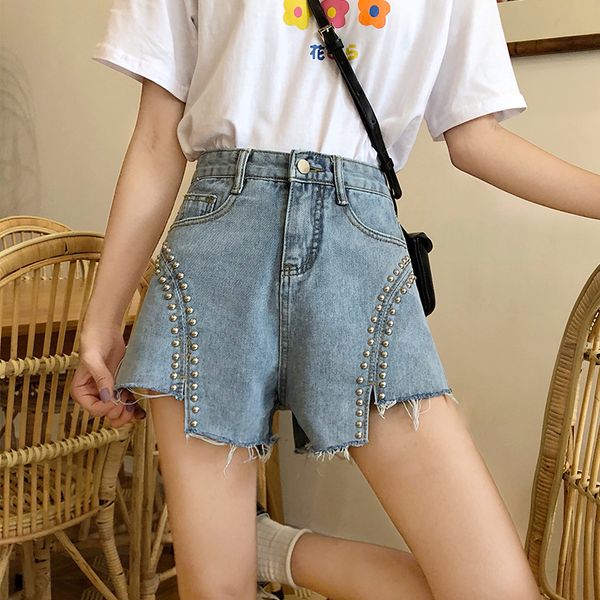 

beaded jean shorts women's new summer korean-style high-waist loose-fit plus size wide-leg shorts women's s-5xl, White;black