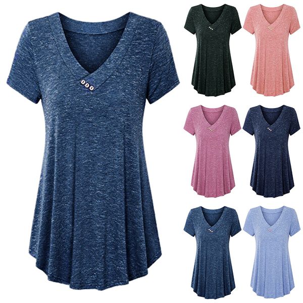 

womens designer womens designer summer v-neck button t-shirt multicolor large size short sleeve, White