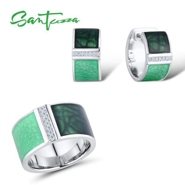 

santuzza 925 silver jewelry set for women green geometric square set earrings ring set fine jewelry handmade enamel cx200623, Slivery;golden