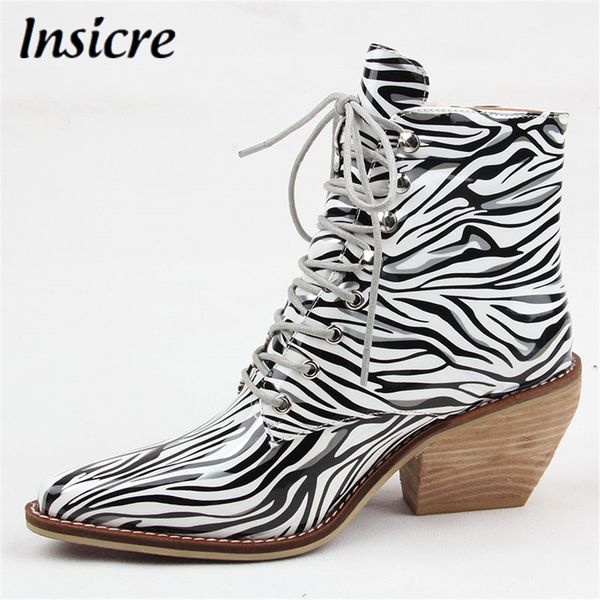 

insicre women ankle boots pu leather thick heel  cm lace up fashion ladies zebra pattern big size size 35-43 autumn winter, Black