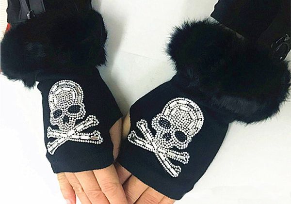 

200pair women cartoon animals fingerless dance gloves winter warm short plush diamonds sequins skull fingerless gloves, Blue;gray