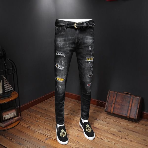 

2019 designer jeans mens distressed ripped skinny trousers luxury clothes slim motorcycle moto biker hip hop ripped skinny men's jeans, Blue