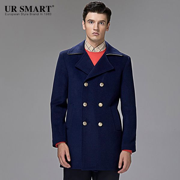 

british men ursmart double-breasted men long wool coat in navy blue coat, Black