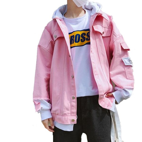 

spring hooded bomber handsome denim jacket loose harajuku bf spliced female jeans jacket holes plus size jeans coat, Black;brown
