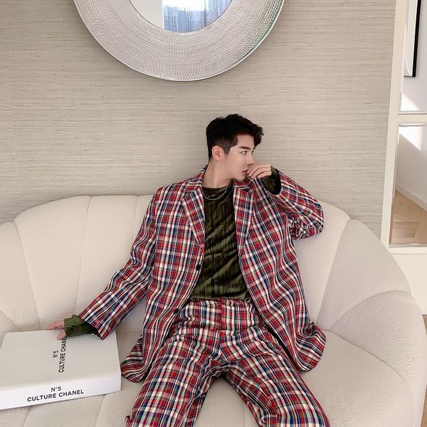 

new male vintage streetwear hip hop loose casual plaid suit coat blazer jacket pant men 2pcs suits sets (jacket+pant, White;black