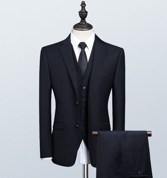 Ternos masculinos de casamento marinho, slim fit, smoking para homens, três peças, padrinhos, jaqueta formal de negócios (jaqueta + calça + colete)