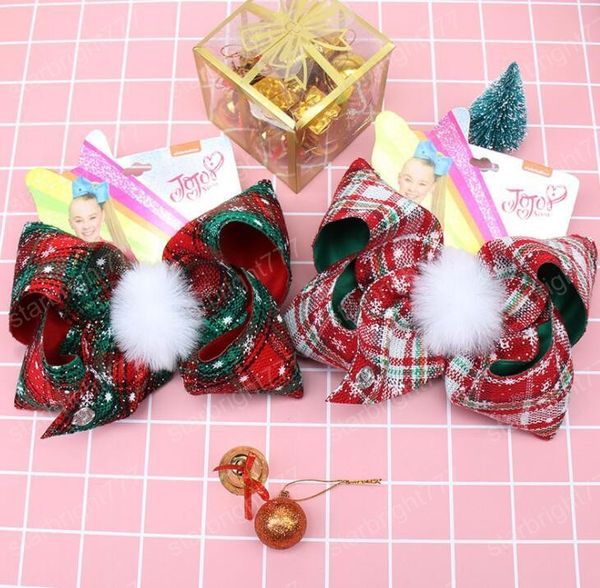 

christmas plaid hairpin 7 inch jojo bowknot barrette with pompoms kids children boutique large bow hair clips girls hair pin, Slivery;white