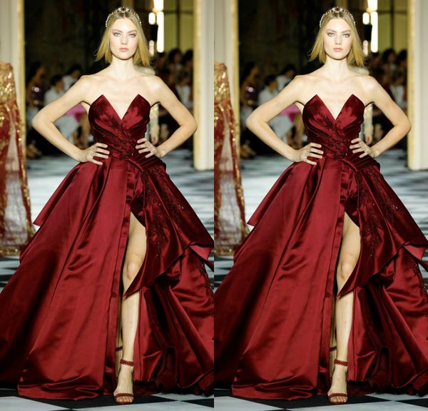 Zuhairmurad personalizado Red Ball Vestido Vestido Strapless mangas Formal vestido de cetim de Split Applique da dama de honra do vestido