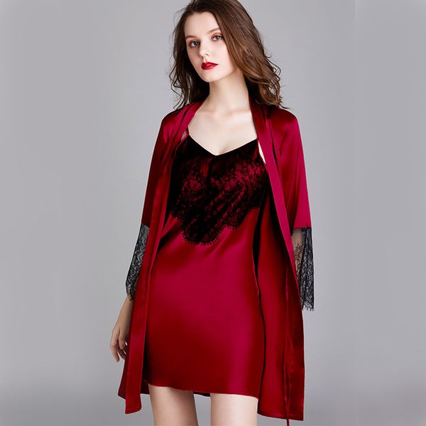 

burgundy lace twinset robe set female nighty&robe set 2pcs sleepwear casual nightgown intimate lingerie home clothes, Black;red