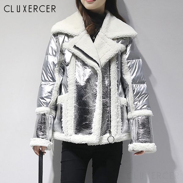 

silver parka jacket coat women 2019 new fashion streetwear loose reflective jacket female winter thicked lambswool short, Black